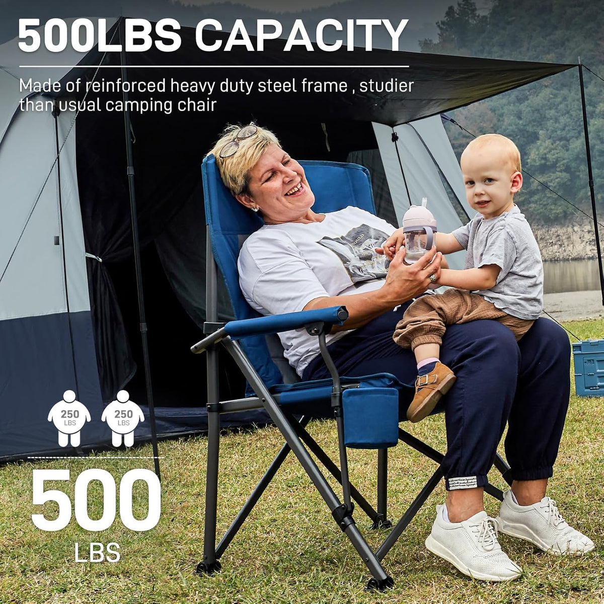EVER ADVANCED Oversized Folding Camping Chair for Adults, Heavy Duty Lawn Chair with Side Pockets, Portable Collapsible Quad Chair for Outside, Support Up to 500lbs, Blue 2PACK
