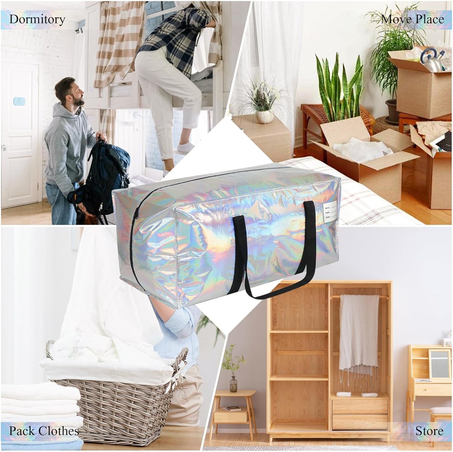 4 Pack Heavy Duty Moving Bags Extra Large Waterproof Foldable Clothing Storage Totes Bags with Zipper,Reinforced Handles,Packing Moving Boxes for Dorm & Seasonal Storage,Iridescent