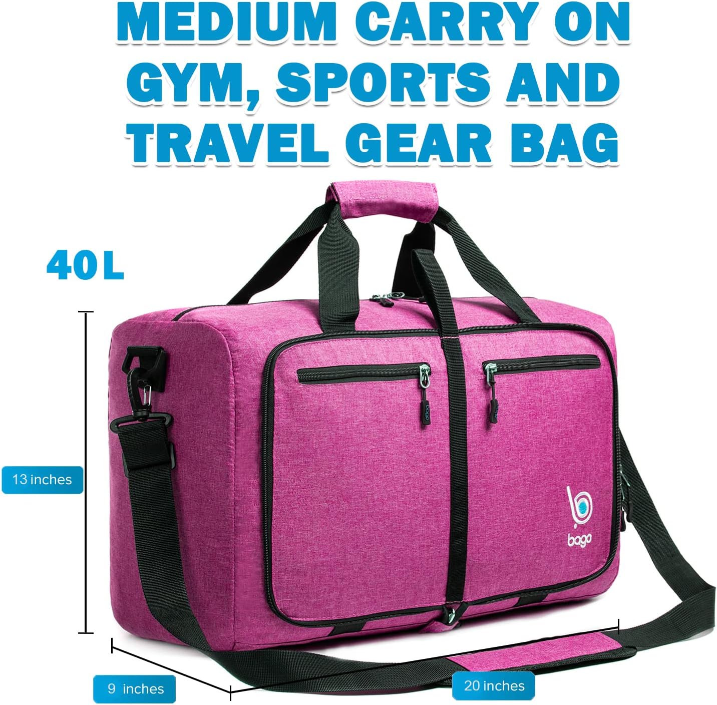Bago Foldable Duffel Bags for Traveling Women & Men - 40L Sports Packable Duffle Bag for Travel with Shoe Compartment - Water Repellant, Heavy Duty, Lightweight Folding & Collapsible (SnowPink)
