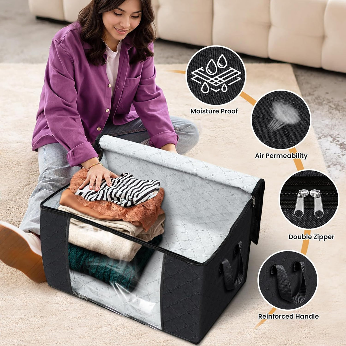 Fab totes 24 Gallons Clothes Storage, Foldable Thick Fabric Blanket Storage Bags, Containers for Organizing Bedroom, Closet, Clothing, Comforter, Organization with Handle (4 Pack,Black)