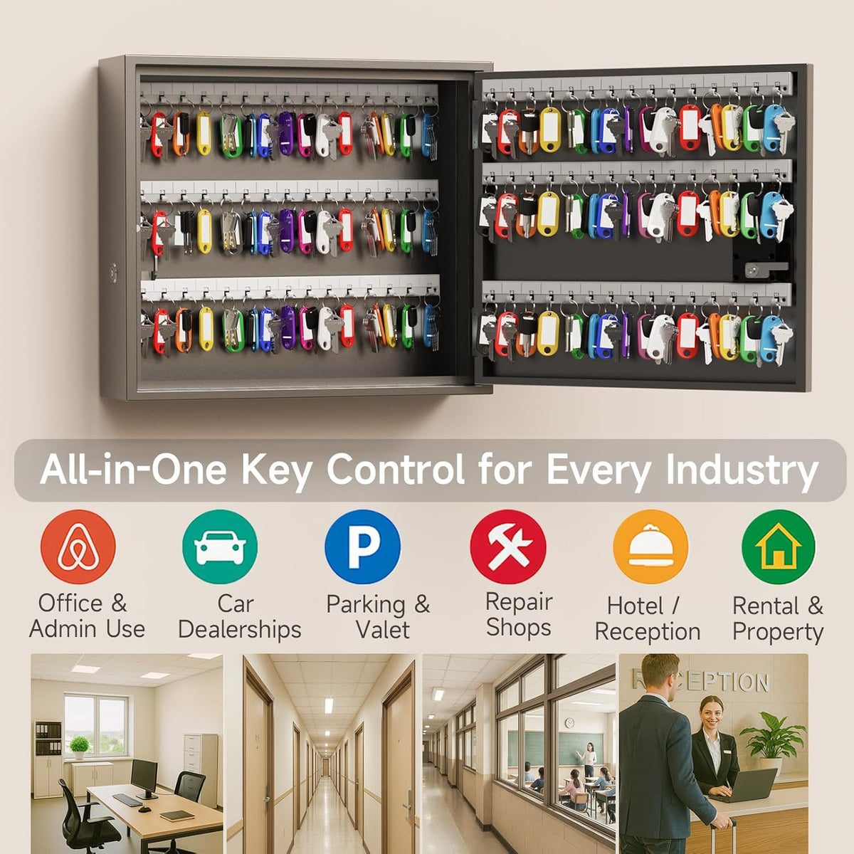 WeHere Smart Key Lock Box, Wall Mounted Key Cabinet with 90 Key Tags, Bluetooth App Control, OTP & Password Unlock, Wi-Fi Remote Unlock (Bridge Required), Steel Key Safe for Office Home Business