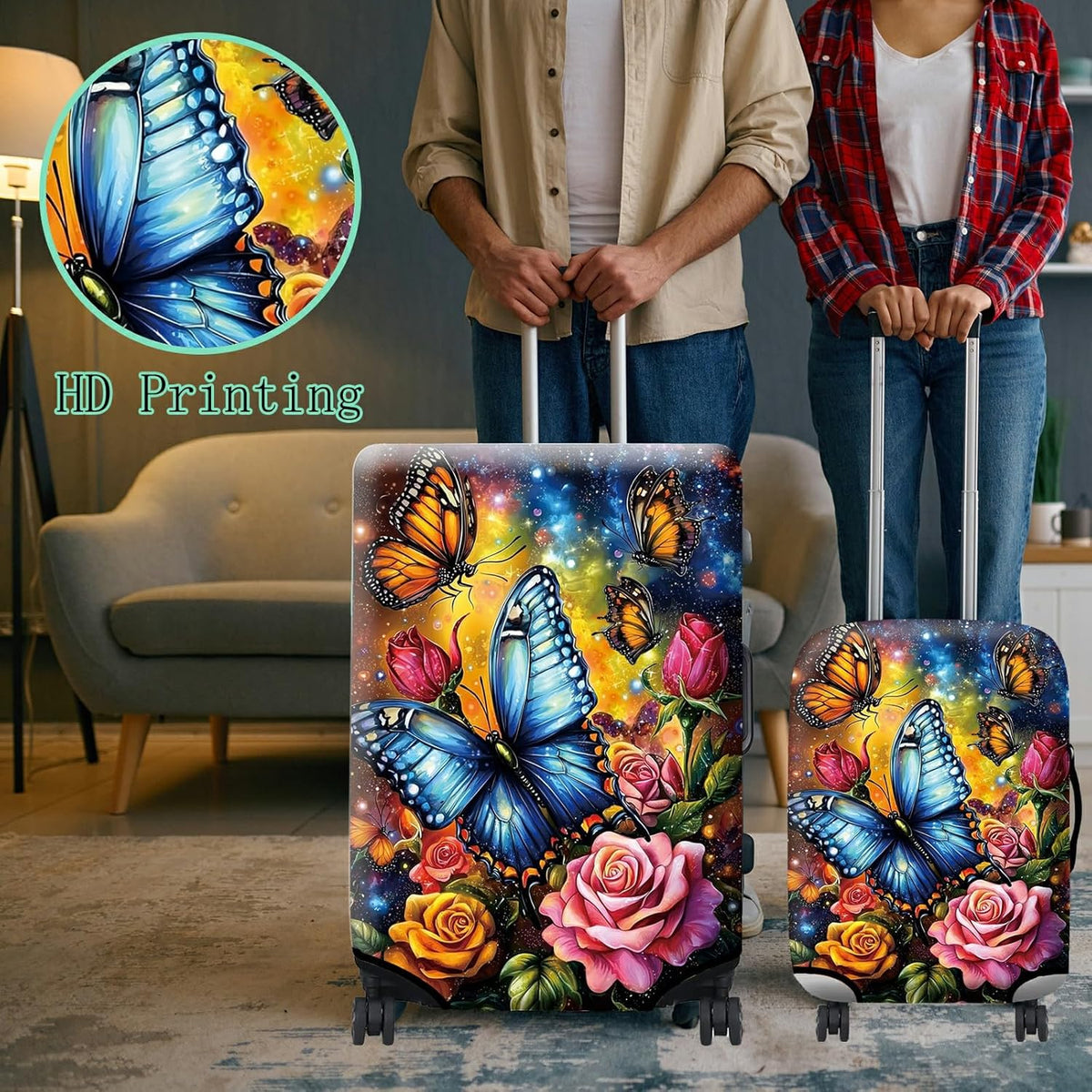 Luggage Cover Suitcase Protector + Tag, Colorful Rose Butterfly Travel Cover for 29-30 inch Luggage (XL) with Concealed Zipper, Washable Elastic Cloth, Dustproof, Anti-Scratch