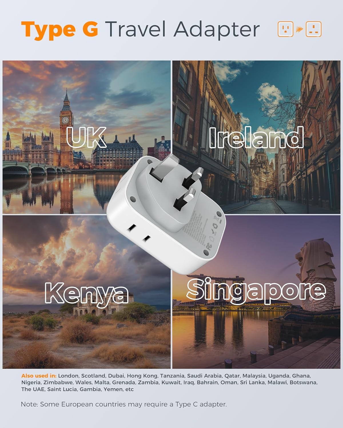 UK Adapters for Travel 2 Pack, TESSAN Type G US to UK Plug Adapter with 4 Outlets 3 USB Charger(1 USB C Port), Power Adaptor for USA to Ireland Scotland Dubai Hong Kong England British Kenya London
