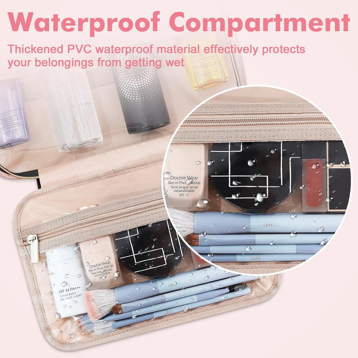 Wedama Toiletry Bag for Women, Medium Cosmetic Travel Bag, Hanging Toiletry Bag for Bathroom, Thickened PVC Waterproof Makeup Bag, Toiletries Bag for Travel Business Trips and Camping, Baby Pink