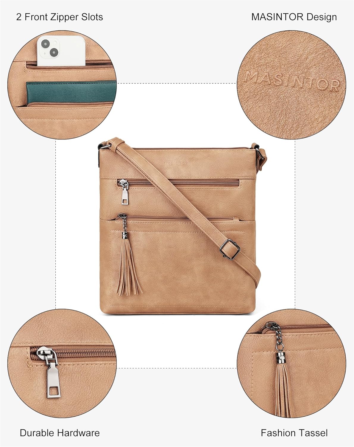 MASINTOR Crossbody Purses for Women, Multi Pocket Casual Crossbody Bag, Adjustable Strap Shoulder Bag with Tassel
