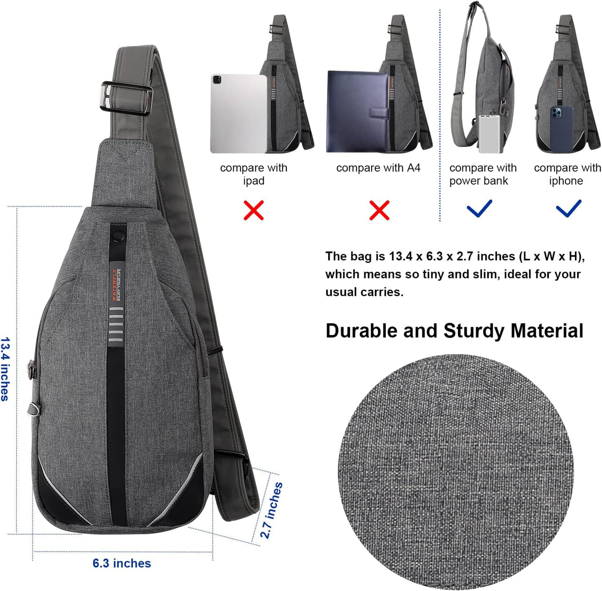 WATERFLY Small Crossbody Sling Backpack Anti Theft Backpack for Traveling Chest Shoulder Bag
