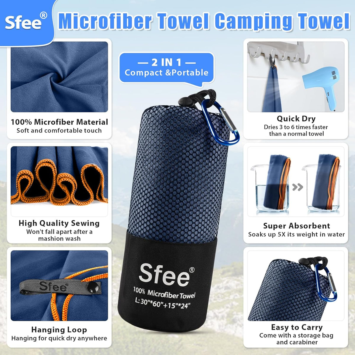 Sfee 2 Pack Microfiber Travel Towel, Quick Dry Towel Camping Towel Super Absorbent Compact Lightweight Sports Towel Swim Gym Beach Towels Set for Gym, Hiking, Pool, Backpacking, Bath, Yoga