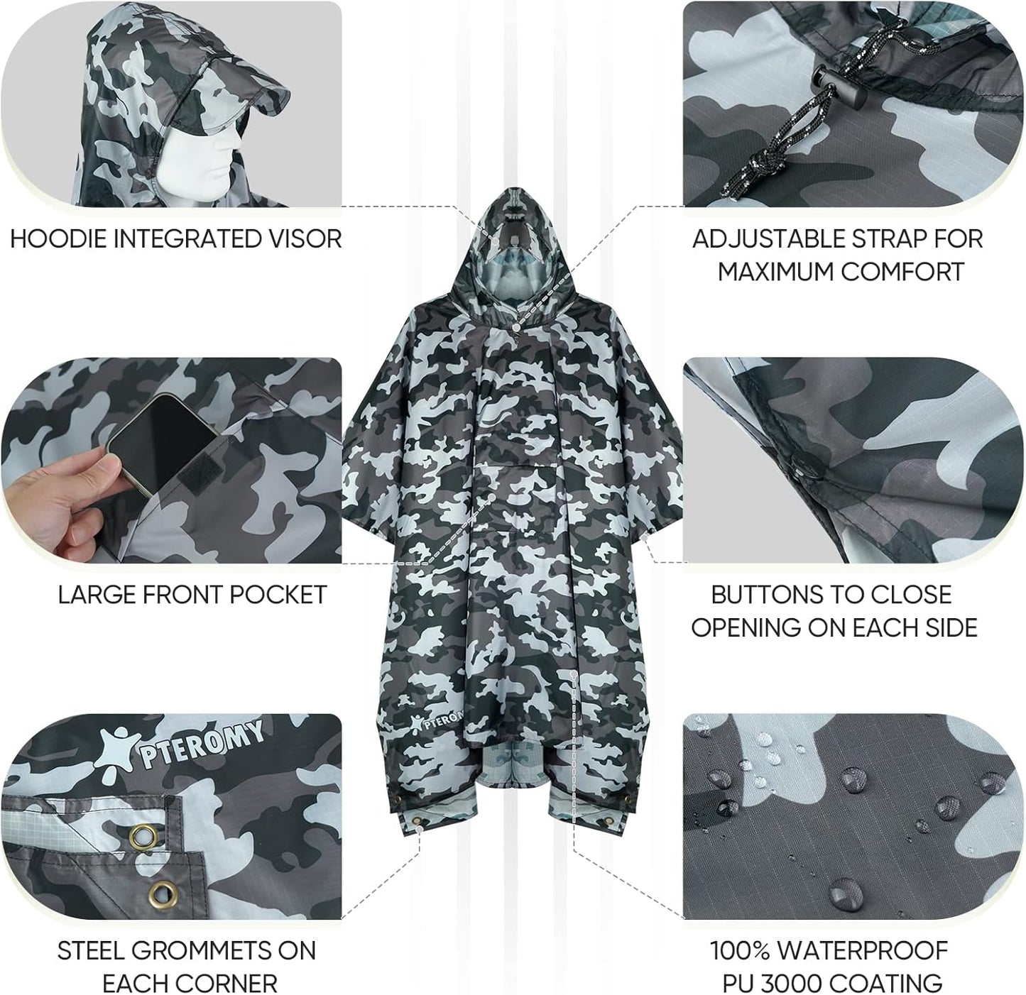 PTEROMY Hooded Rain Poncho for Adult with Pocket, Waterproof Lightweight Unisex Raincoat for Hiking Camping Emergency
