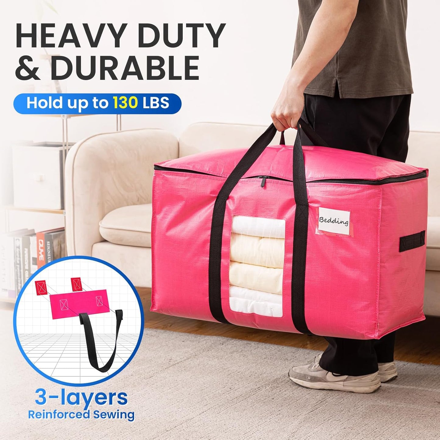 TAILI 6 Pack Pink Extra Large Moving Bags, Heavy Duty Totes with Visible Window, Wrap Around Handles, Space-Saving Storage Solution, Alternative to Moving Boxes