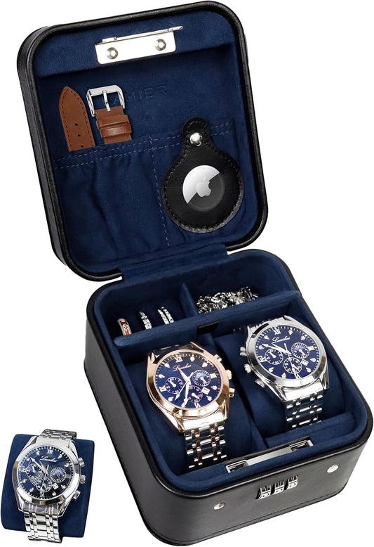 KAMIER Watch Travel Case with Combination Lock - 2 Watch Storage and Jewelry Organizer - Watch Case for Ring and Watch Storage, PU Leather Travel Watch Case, Ideal for Gift (With Gift Box) (Black)