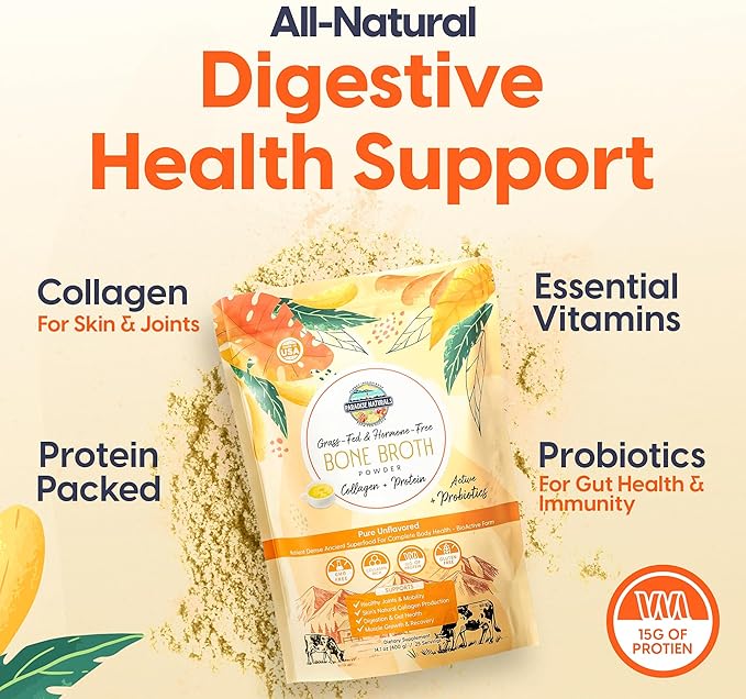 100% Grass-Fed Natural Beef Bone Broth Powder + Active Probiotics, Collagen, 15g Protein, Non-GMO, Low Sodium, Gut Health, Paleo, Keto, Gluten-Free, for Healthy Skin, Hair, Joints