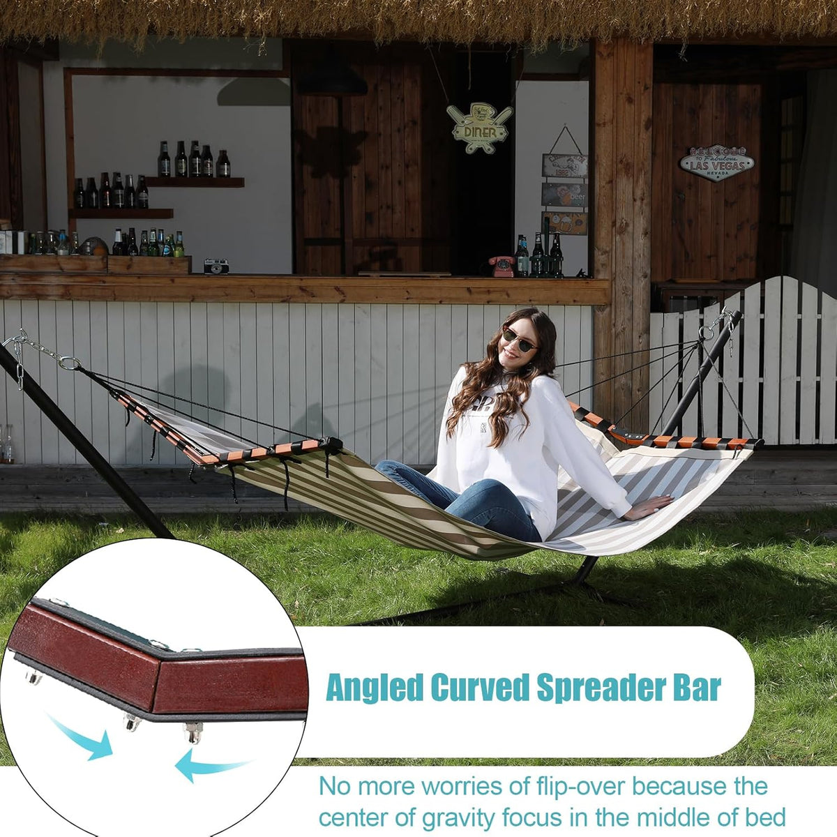 TegerDeger 12FT 2 Person Hammock Large Hammock Quick Dry 450LB Capacity with V Shaped Hardwood Spreader Bar & Nylon Rope for Outside, Patio, Garden, Backyard, Beach, Poolside - Beige Stripes