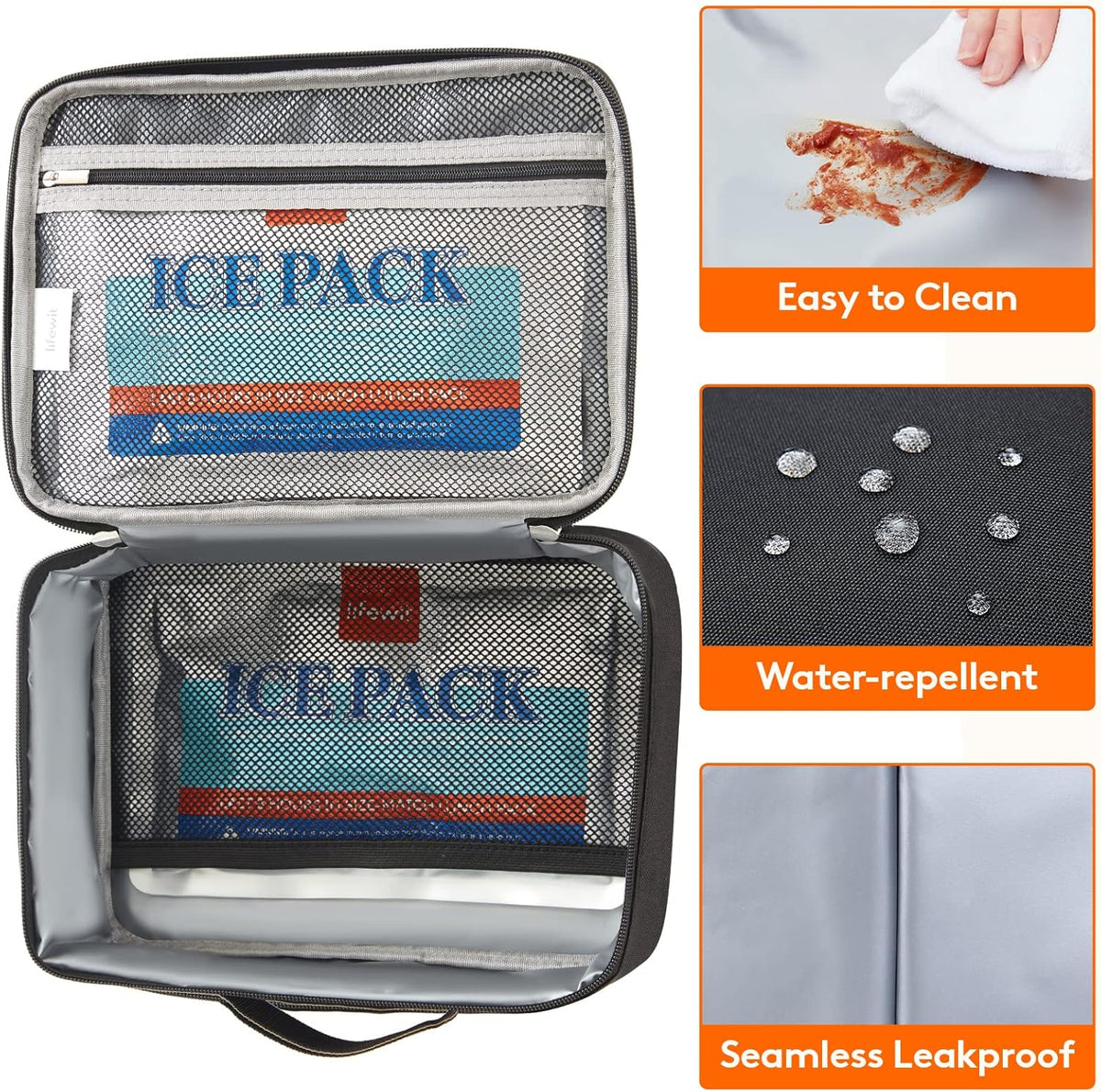 Lifewit Freezable Lunch Box, Insulated Reusable Lunch Bag with 2 Ice Packs, Mini Cooler Snack Bag for Bento Box for Salad, Sandwich, Snacks fo Men Women for Work, Black 5L