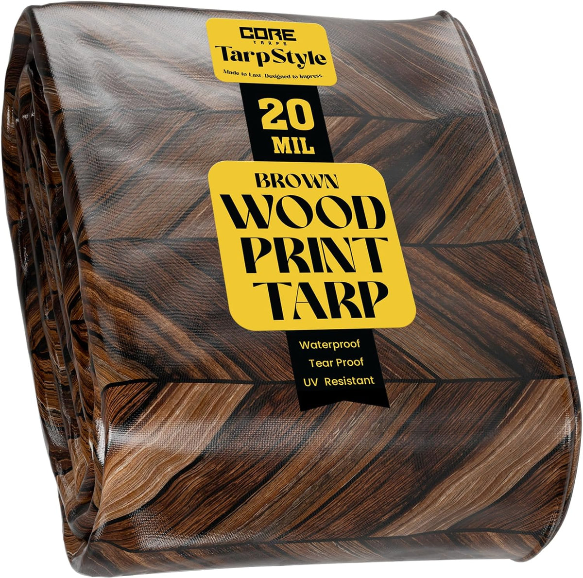 Core Tarps Extreme Heavy Duty 20 Mil Tarp Cover, Waterproof, UV Resistant, Rip and Tear Proof, Poly Tarpaulin with Reinforced Edges for Roof, Camping, Patio, Pool, Boat (Brown Wood/Black 16′ X 20′)
