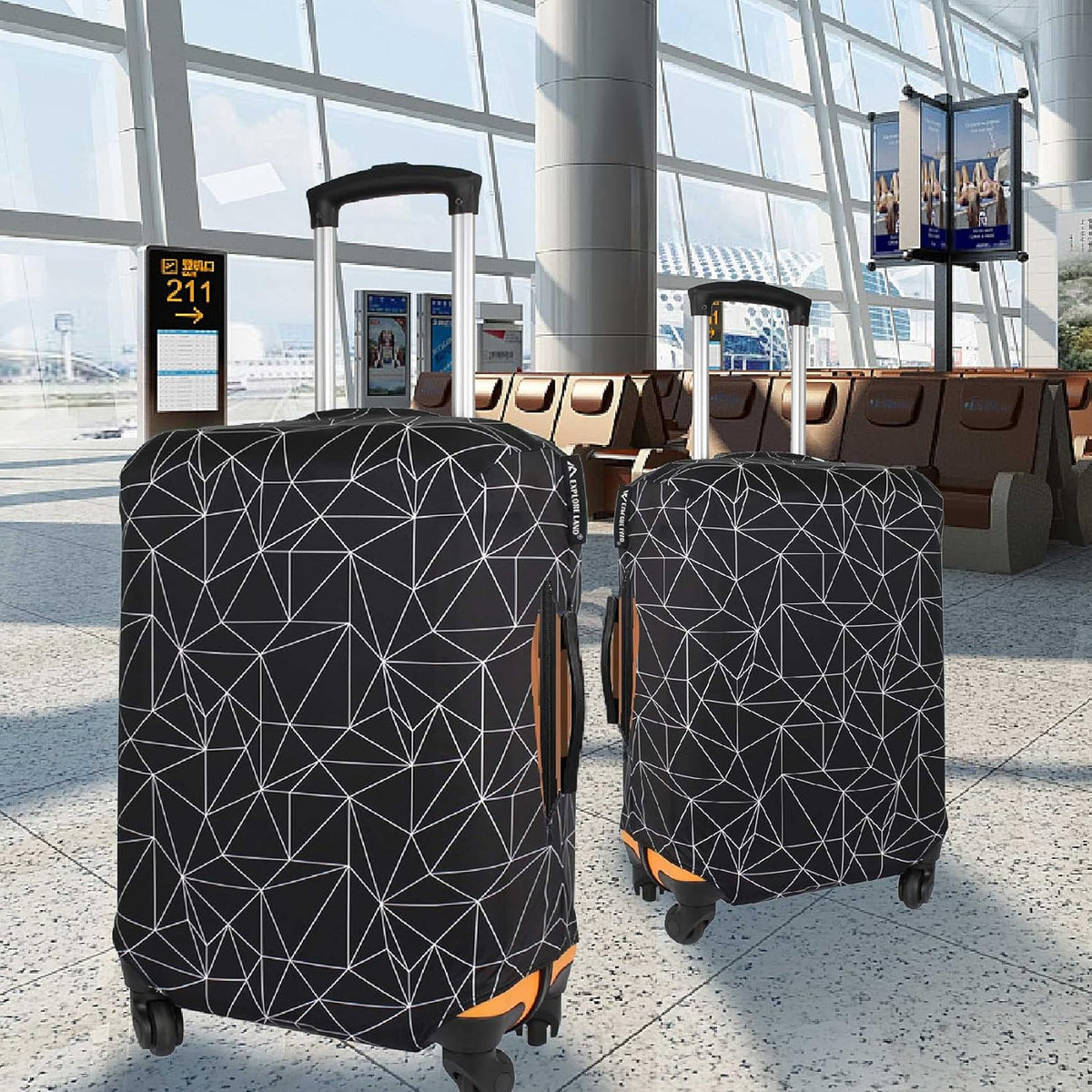 Explore Land Travel Luggage Cover Suitcase Protector Fits 18-22 Inch Case (Black Polygonal, S)