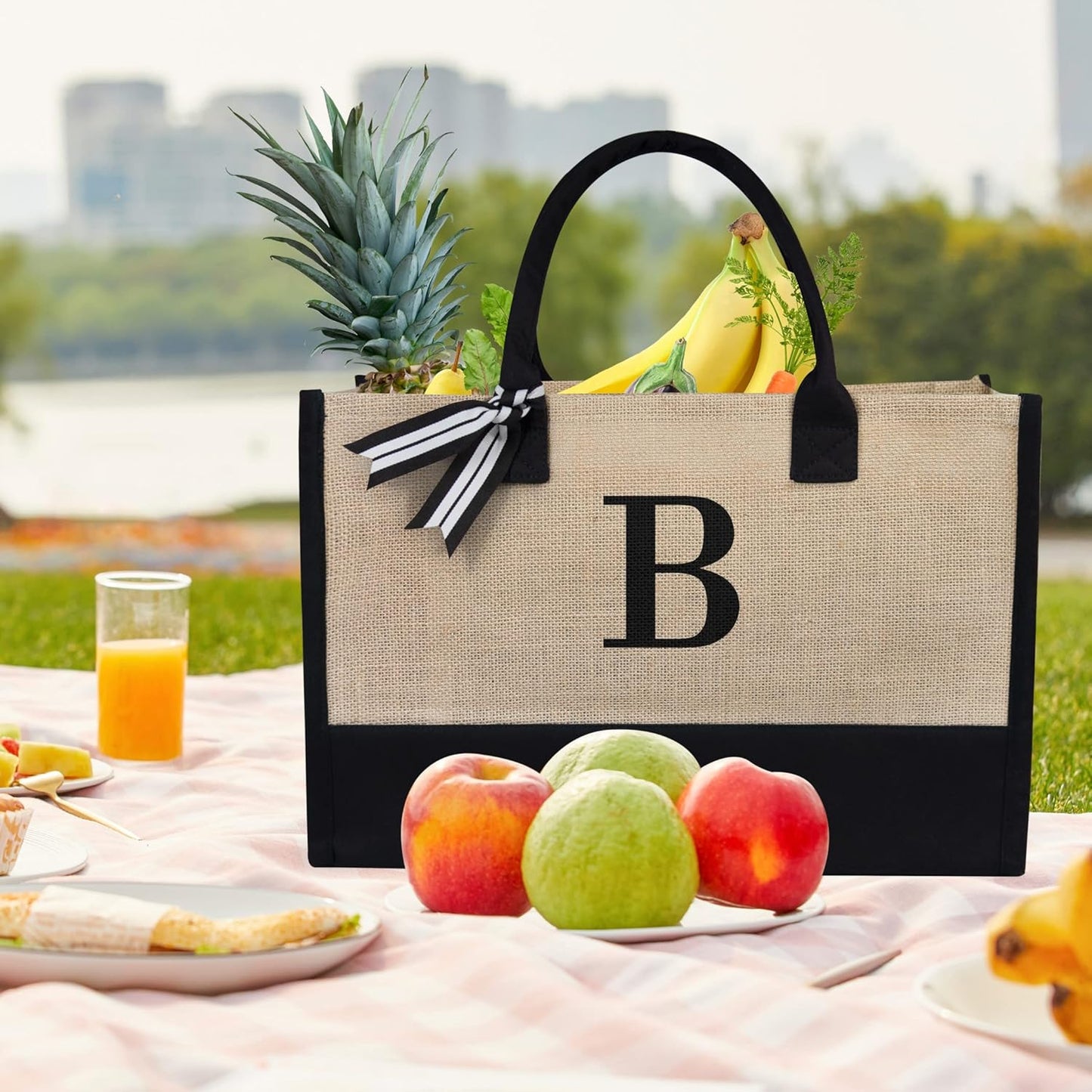 TOPDesign Initial Jute/Canvas Tote Bag, Personalized Present Bag, Suitable for Wedding, Birthday, Beach, Holiday, is a Great Gift for Women, Mom, Teachers, Friends, Bridesmaids (Letter B)