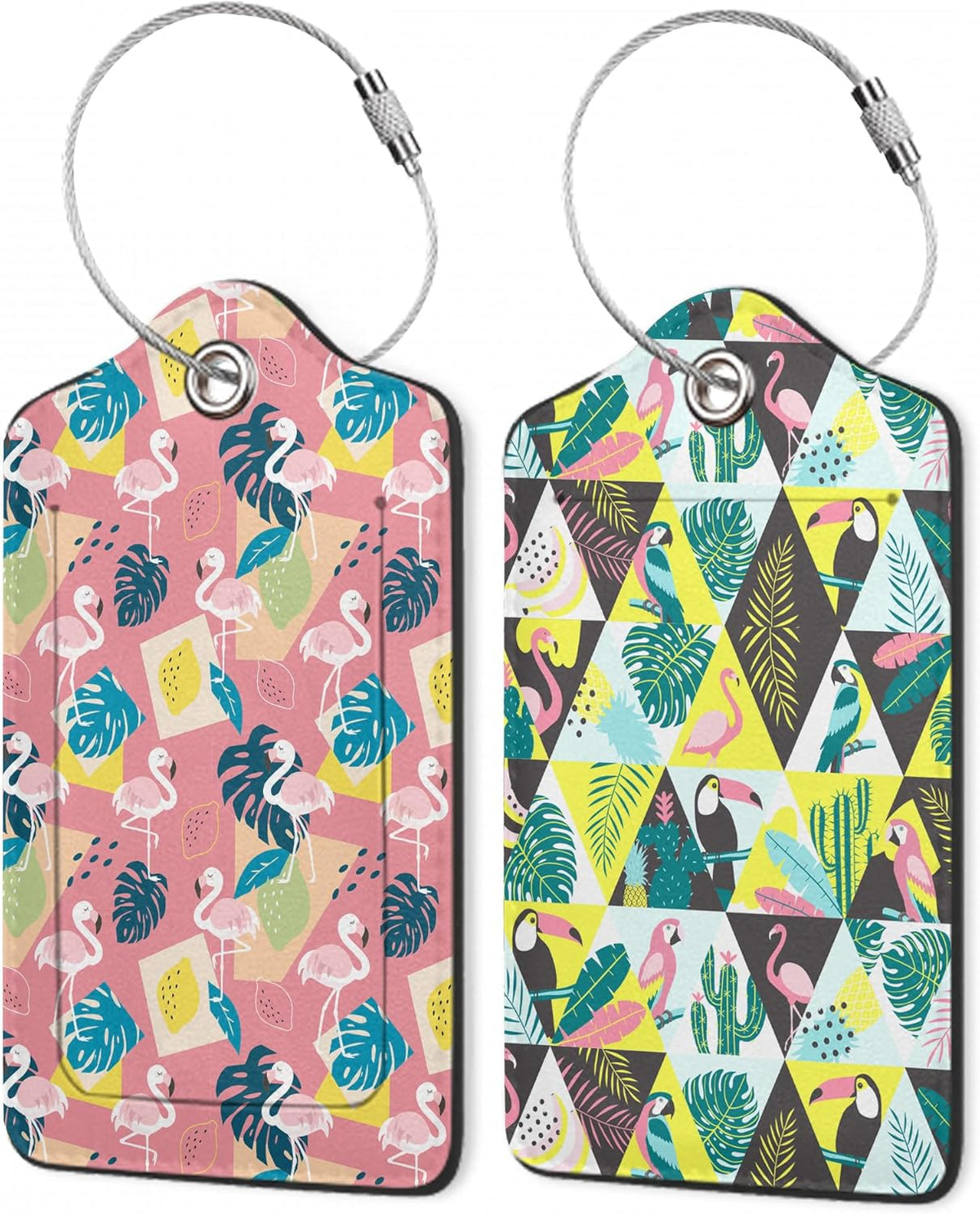 Pink Flamingo Luggage Tags,2 Pack Tropical Palm Leaves Luggage Tag,Leather Privacy Cover ID Label with Stainless Steel Loop for Women Men Kids Girls Travel
