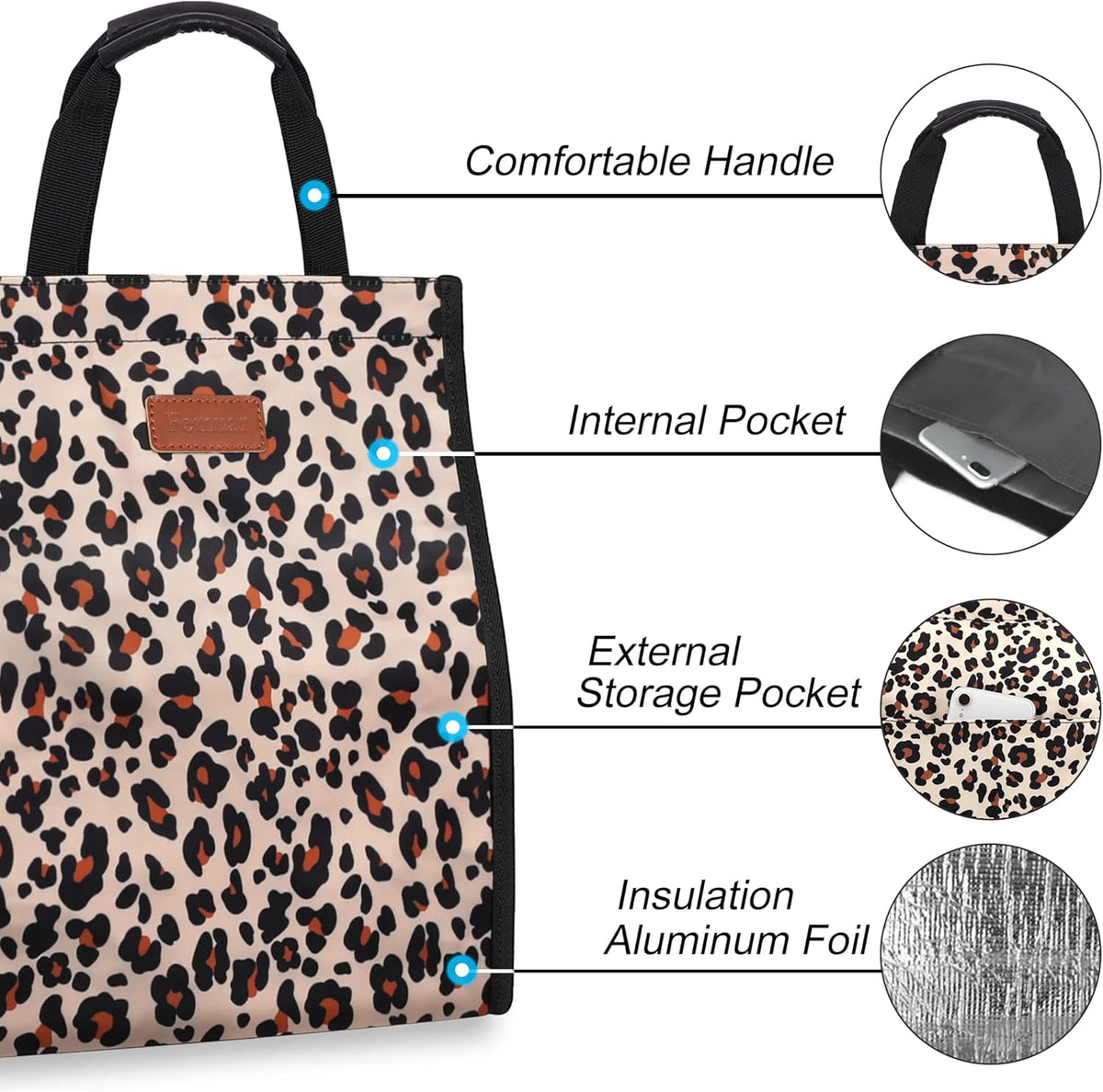 Lunch Bags for Women Insulated Reusable Lunch Tote with Internal Pocket, Lunch Tote bag for Work (Leopard)