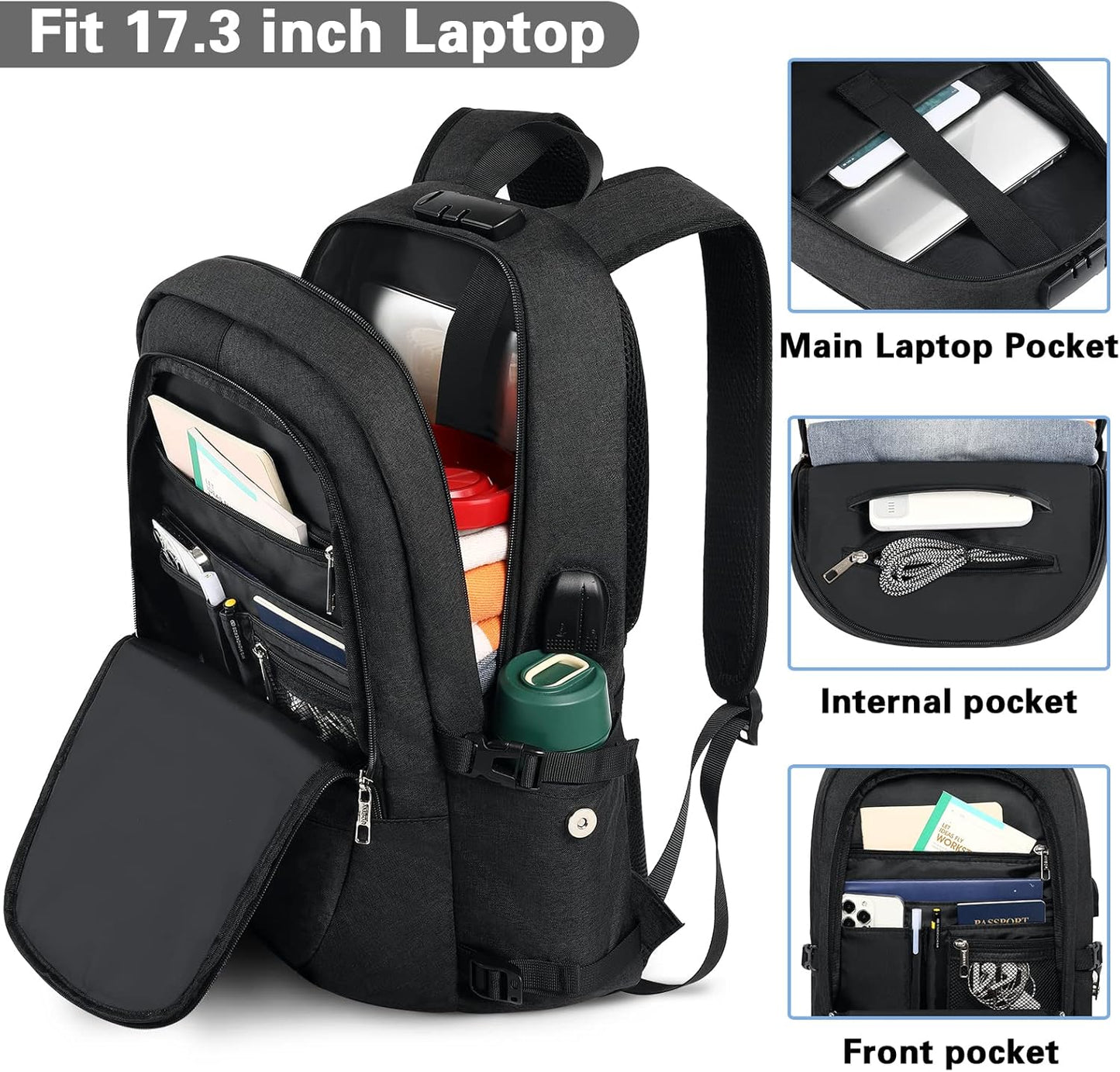 AMBOR Travel Laptop Backpack for Ｍen, 15.6-17.3 inch Laptop Backpack for School, Anti Theft Business Work Backpack with USB Charging Port, Water Resistant College Computer Bag for Men & Women, Black