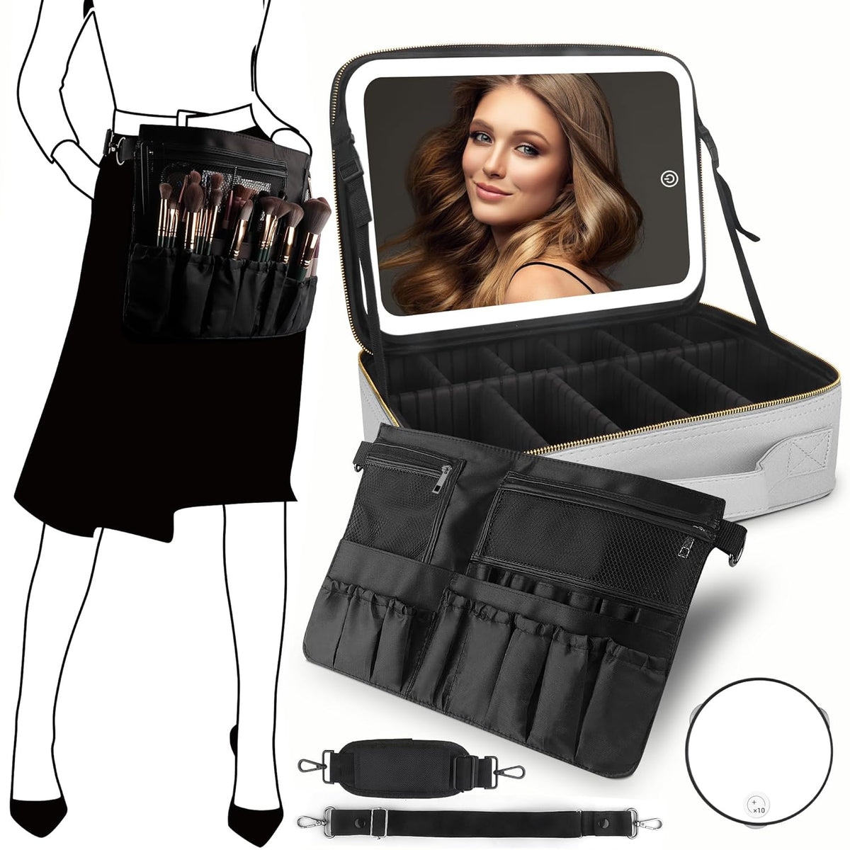 MOMIRA Large Makeup Train Case with Lighted and Mirror 14inch Partitionable Cosmetic Bag Travel Makeup Case Professional Cosmetic Artist Organizer, Waterproof Portable, with Shoulder Stra Silver