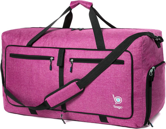 Bago Foldable Duffel Bags for Traveling Women & Men - 60L Medium Packable Duffle Bag for Travel with Shoe Compartment - Water Repellant, Heavy Duty, Lightweight Folding & Collapsible (SnowPink)