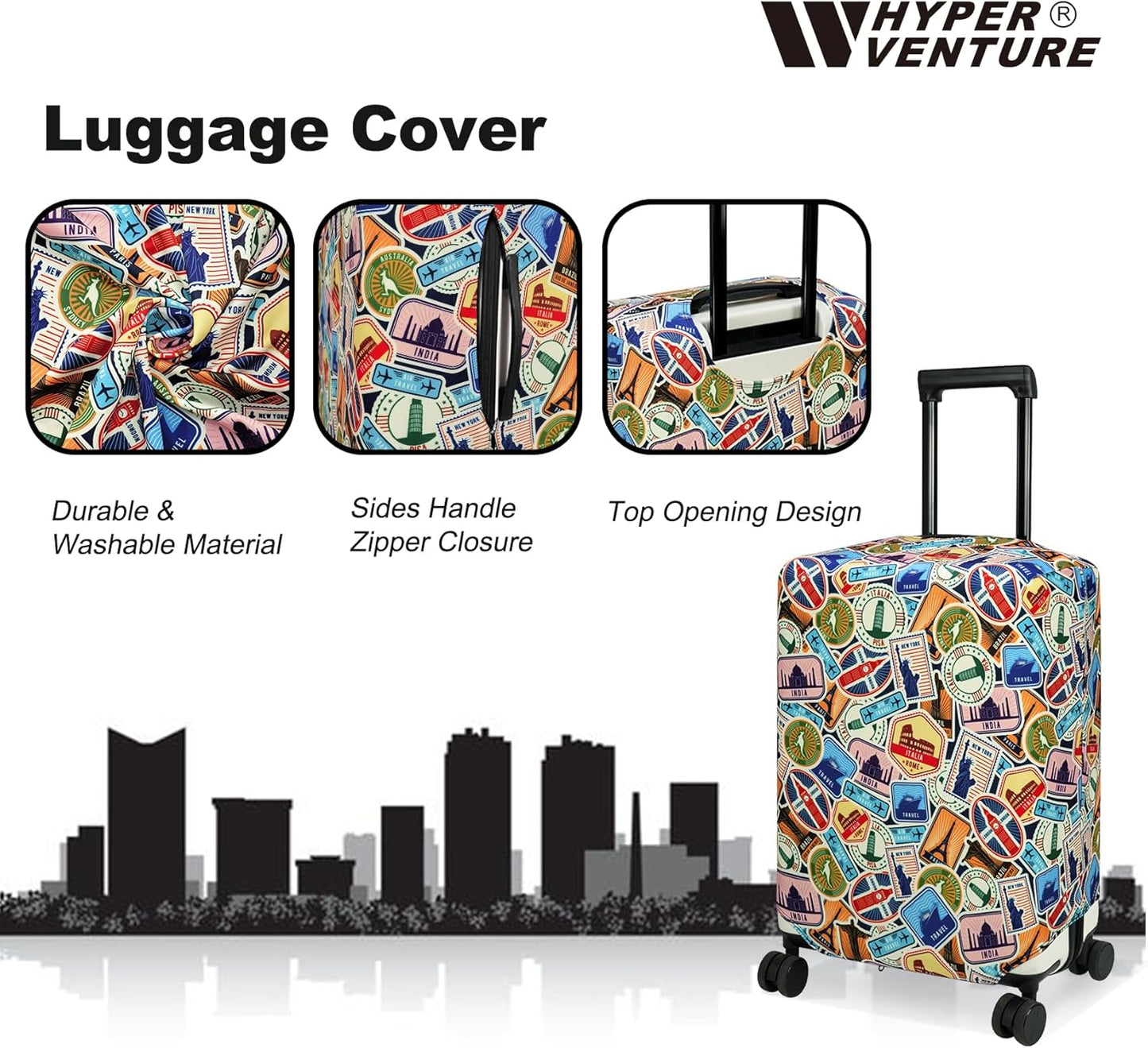 HYPER VENTURE Washable Luggage Cover - Fashion Suitcase Protector Fits 18-22 Inch Luggage (World Voyage, S)