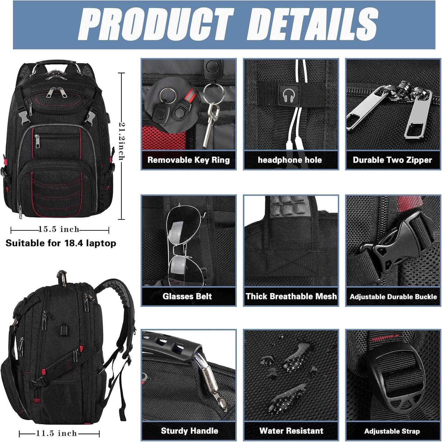 18.4 Laptop Backpack for Men, Extra Large Gaming Laptops Backpack with USB Charger Port, TSA Friendly Big Capacity Heavy Duty Travel Computer Bag RFID Anti-theft Pocket Backbag,21.2*15.5*11.5inch Red