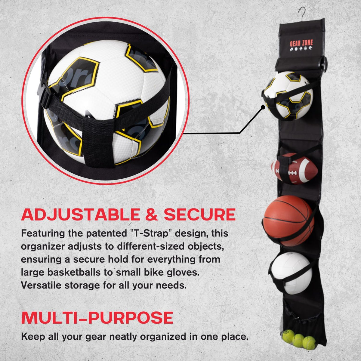 Hanging Sports Equipment Organizer | Multi-Purpose | Garage Sports Ball Storage | Storage for Basketball Football Volleyball Tennis Soccer Biking | Toy Storage | Includes Hook