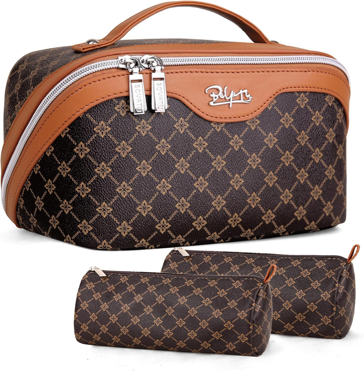 BOYATU Travel Makeup Bag Cosmetic Bags for Women: 3 Pcs Set Large Portable Make up Bag with Handle - Vegan Leather Toiletry Bags with Compartments - Makeup Organizer for Travel Essentials(01-Coffee)