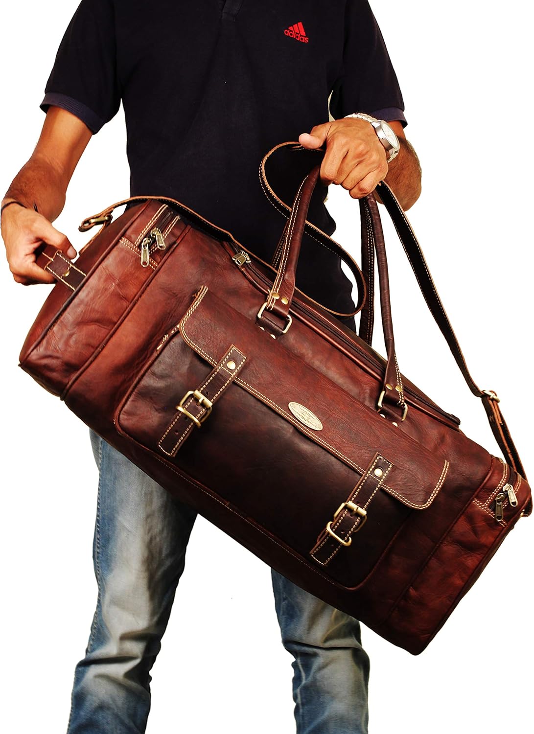 Men’s Gym Sports Overnight Weekender Bag Leather Travel Bags For Men Vintage Leather Duffle Bag Women Carry On Travel Holdall Bag 24 Inches