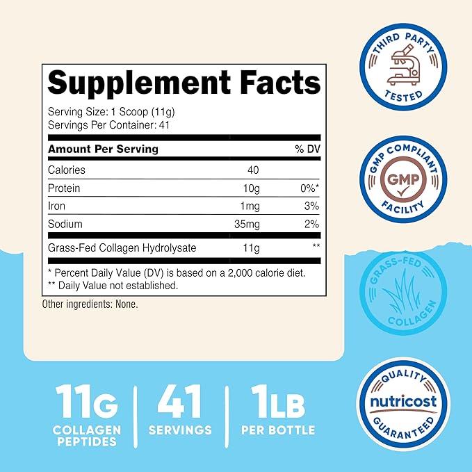 Nutricost Collagen Peptides Powder 1LB (454 G) - Grass Fed Bovine Collagen Hydrolysate (Unflavored)