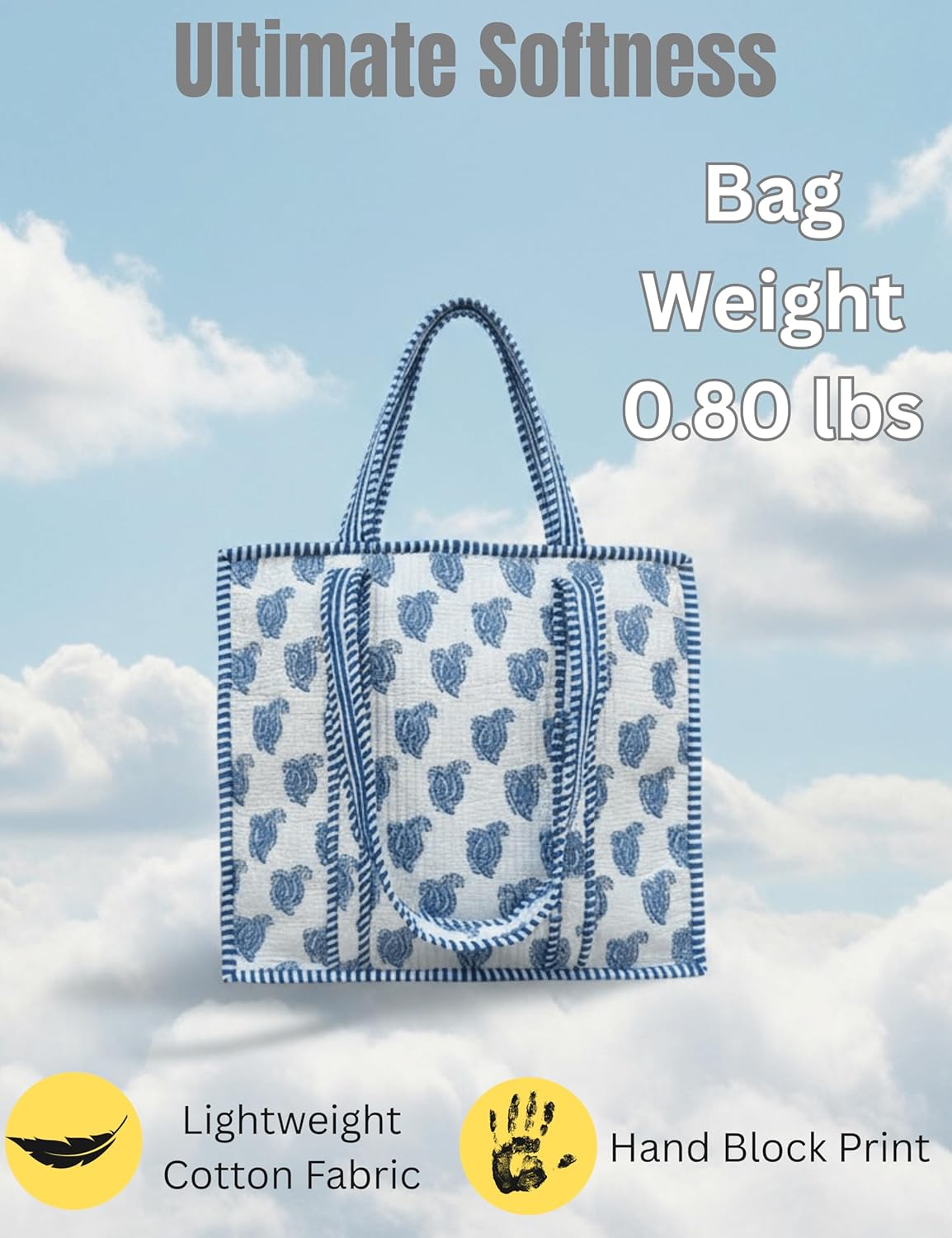 Cotton Quilted Tote Bag for Women – Large Beach & Travel Tote with Zipper, Reusable Grocery Bag
