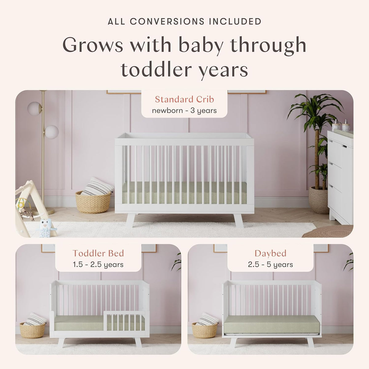 Babyletto Hudson 3-in-1 Convertible Baby Crib with Toddler Bed & Daybed Conversion - Easy to Assemble - GREENGUARD Gold Certified w/ 4 Adjustable Mattress Heights - White