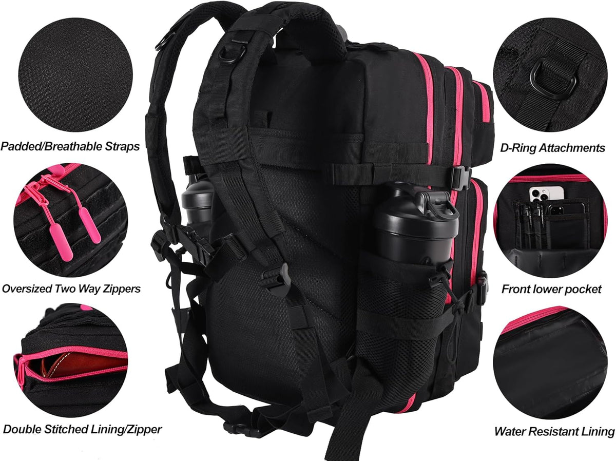 LHI Military Tactical Backpack for Men and Women 45L Army 3 Days Assault Pack Bag Large Rucksack with Molle System - Black with red zipper