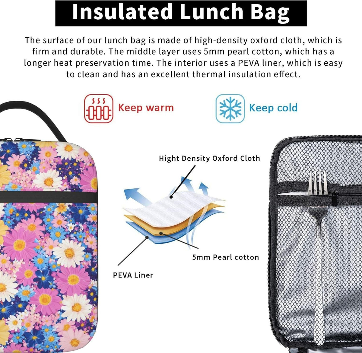 Floral Insulated Lunch Box for Women Men Floral Lunch Bag for Travel,or Fishing Polyester