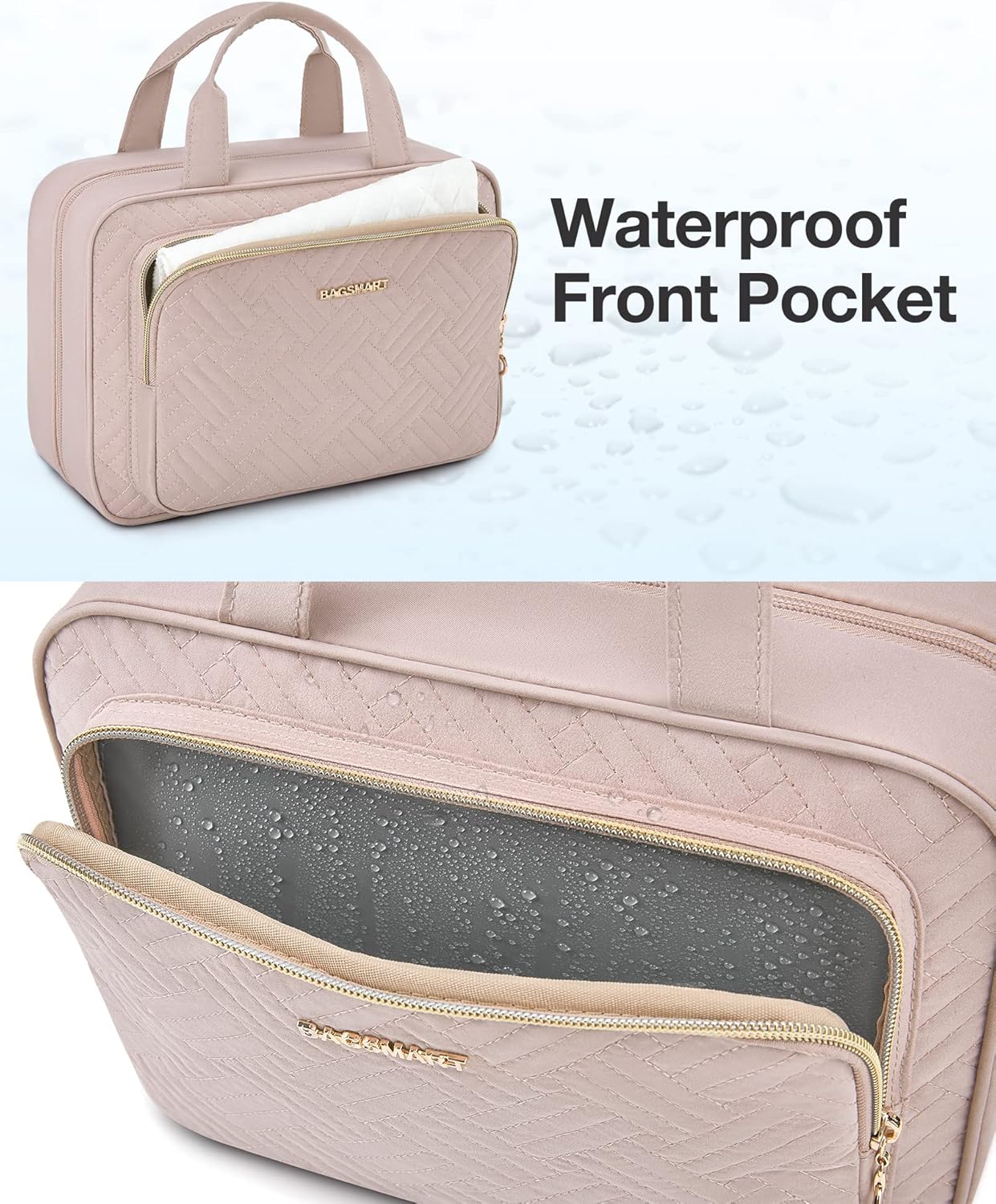 BAGSMART Travel Toiletry Bag Hanging Travel Makeup Organizer Cosmetic Bag Makeup Bag for Full Sized Toiletries, Basic-Pink