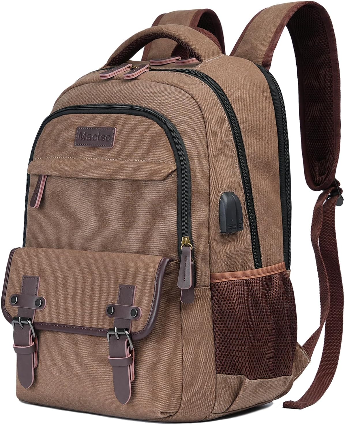 Mactso Canvas Travel Laptop Backpack for Men Women, Business Work Rucksack College Computer Bag Fits 17.3 Inch Notebook,Bookbag with USB Charging Port (Coffee, 17.3 Inch)