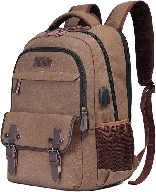 Mactso Canvas Travel Laptop Backpack for Men Women, Business Work Rucksack College Computer Bag Fits 17.3 Inch Notebook,Bookbag with USB Charging Port (Coffee, 17.3 Inch)