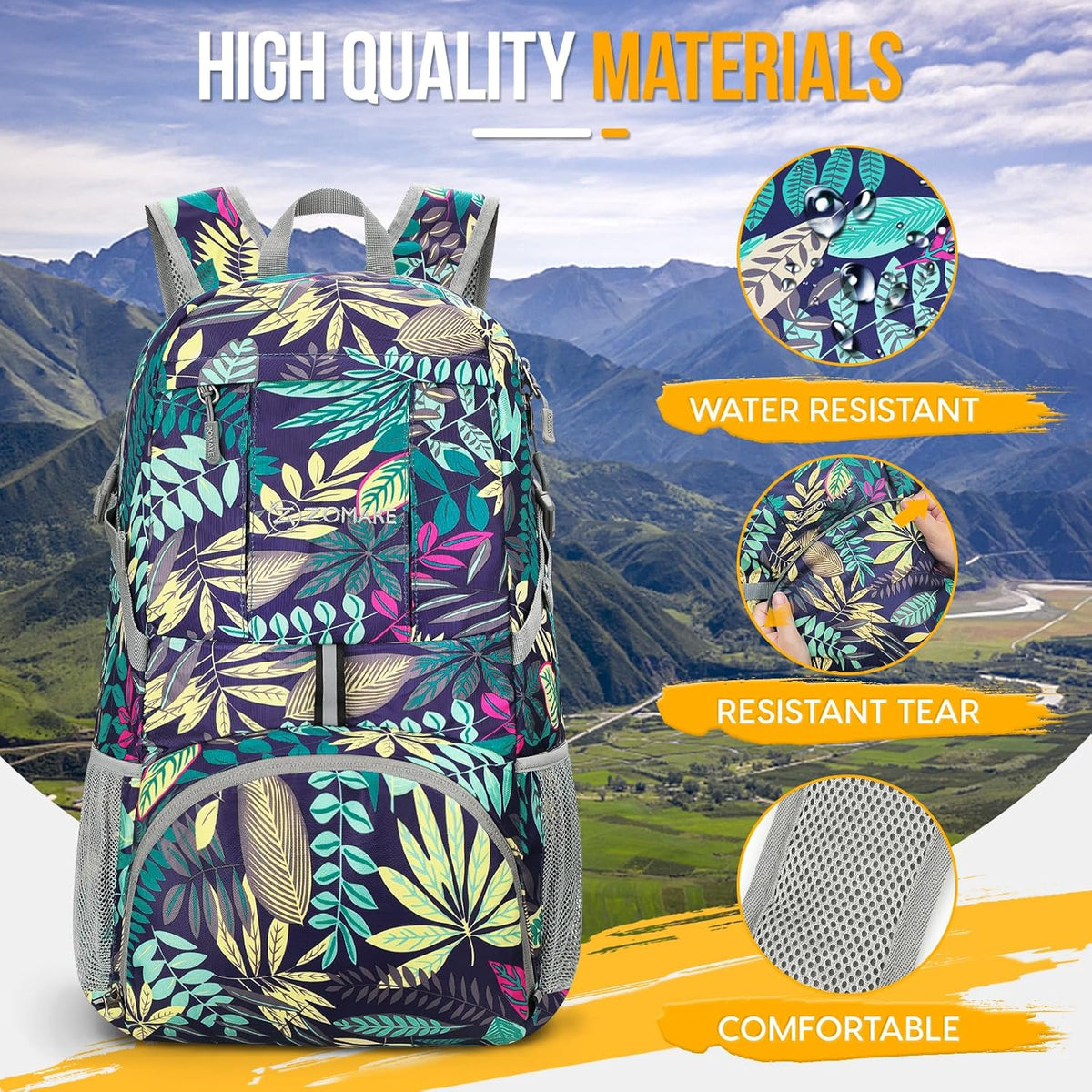 ZOMAKE Lightweight Packable Backpack 35L, Light Foldable Backpacks Water Resistant Collapsible Hiking Bag, Compact Folding Day Pack for Travel Camping(Mixed Color-Leaves)