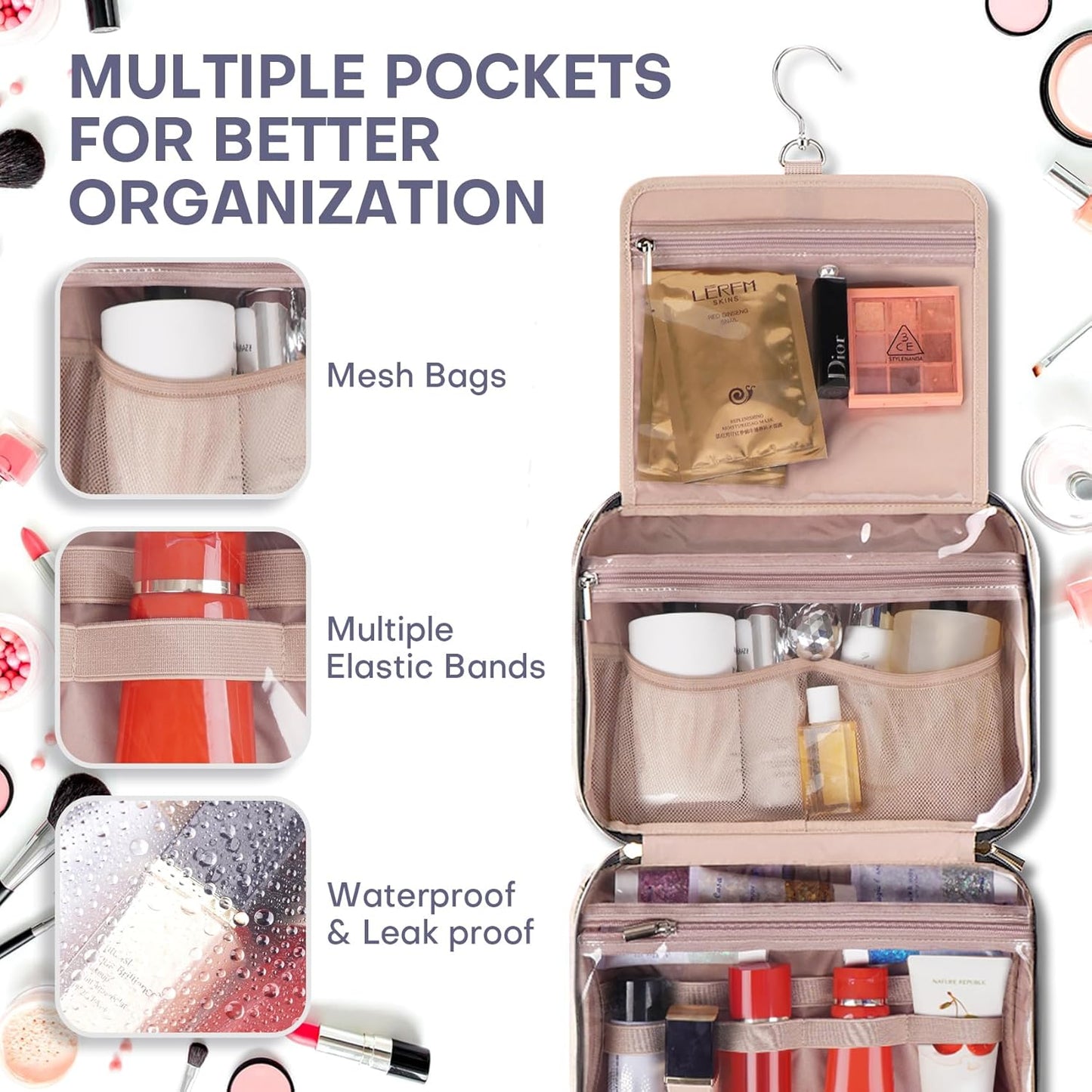 Hanging Toiletry Bag for Women Travel, 2 Sizes Large & Small Waterproof Cosmetic Organizer with 4 Compartments, Rotating Hook, Foldable Pink Travel Bag for Toiletries & Makeup - Large Grey