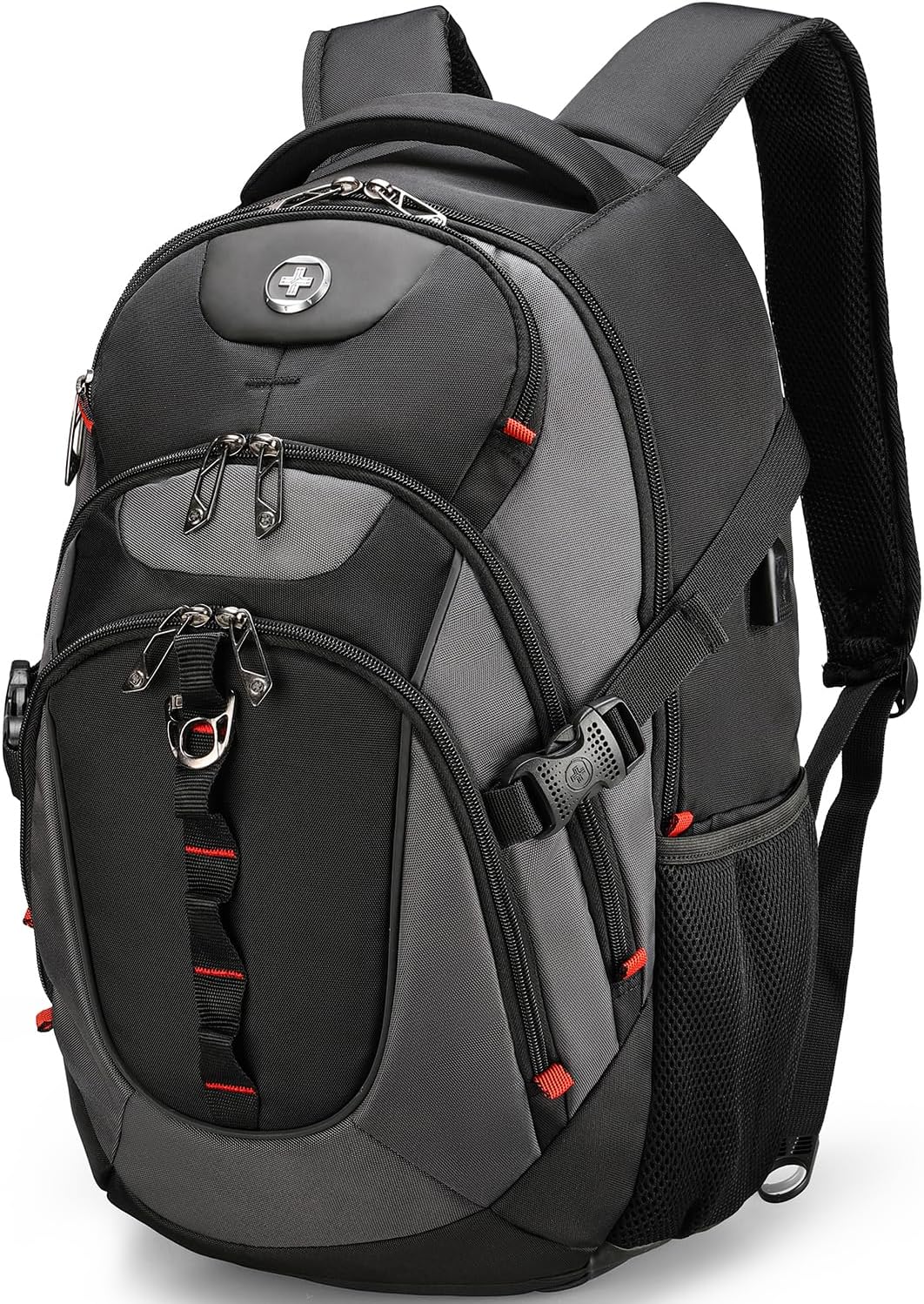 Swissdigital Design Laptop Backpack with USB Charging Port, TSA Travel Backpack Fits 15.6 inches Computer, 31L College School Backpack for Men, Black/Grey | SD803