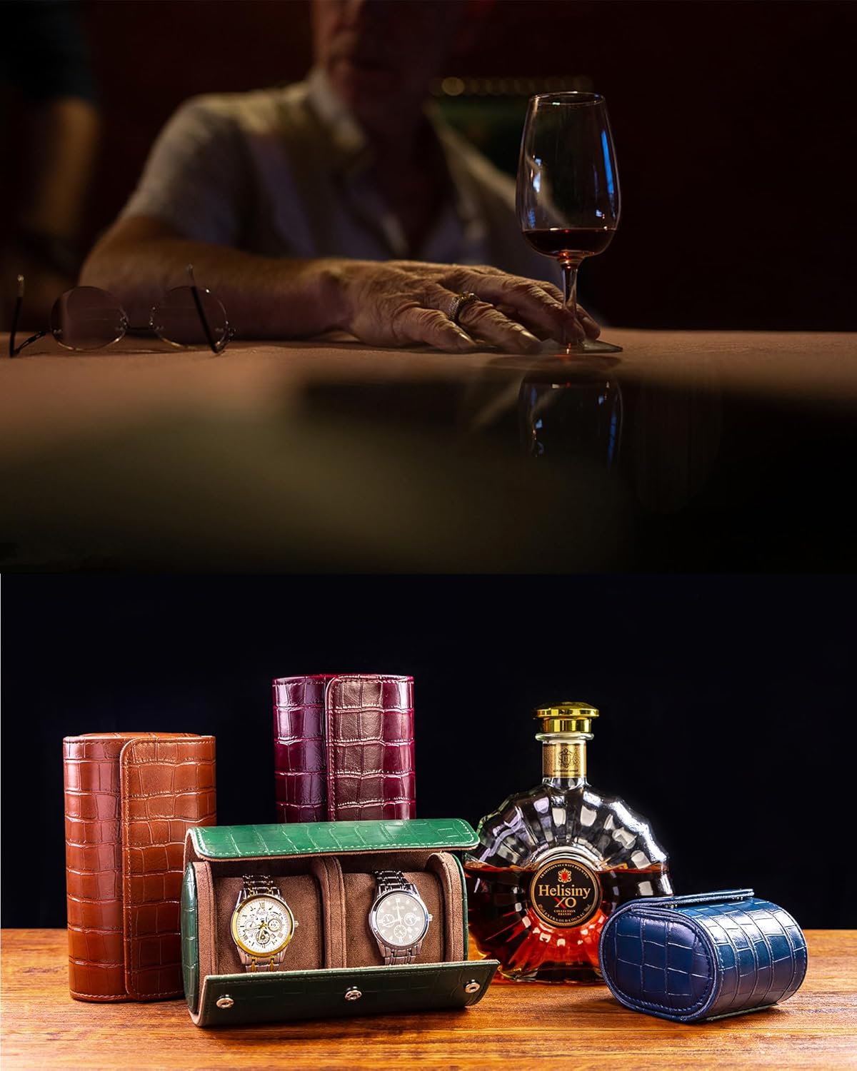 MR.OKAY 2 Watch Travel Case-Classic Leather Watch Case With Superb Texture.(Portable Watch Roll Or Organizer For Storage And Display).Festival Gift For Men, All Handcrafted By Artisans.