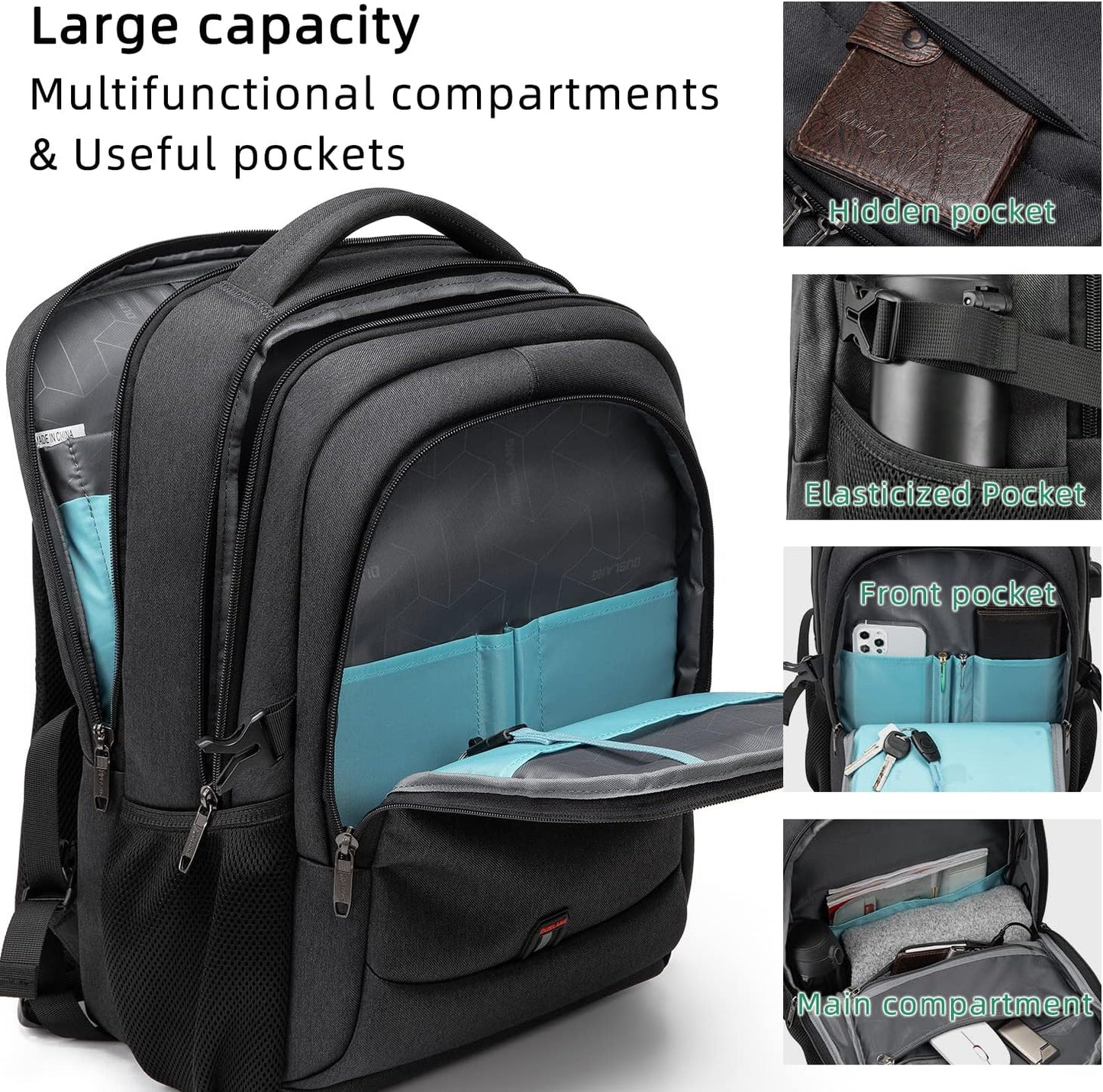 DUSLANG 17 Inch Laptop Backpack for Travel Water Resistant College Backpack for Men/Women Laptop Bag with USB Charging Port and Red Hat Metal America Back MAGA Cap Keychain for Backpack, Black