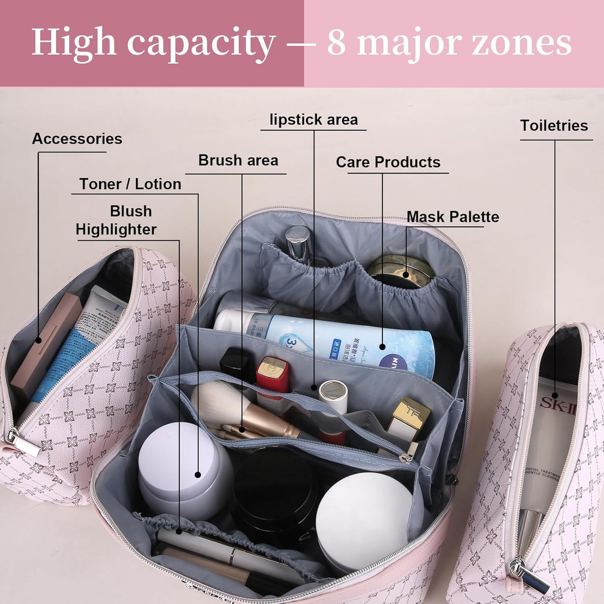 BOYATU Travel Makeup Bag Cosmetic Bags for Women: 3 Pcs Set Portable Make up Bag with Handle - Vegan Leather Toiletry Bags with Compartments - Makeup Organizer for Travel Essentials(01-Pink)