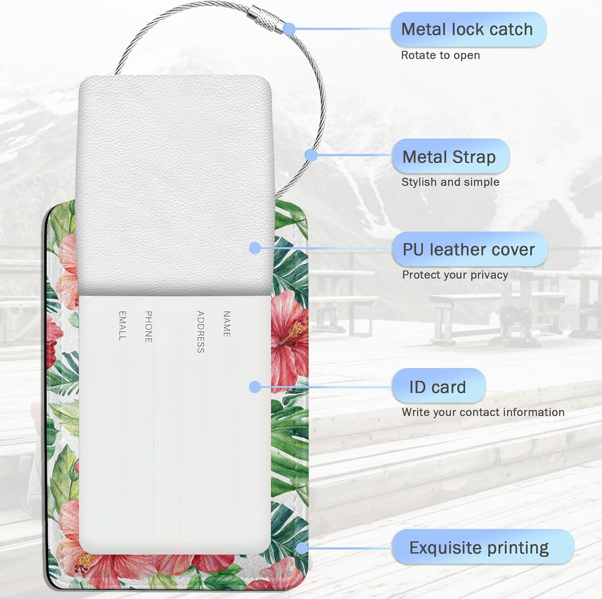 Tropical Palm Leaves Luggage Tags for Suitcase,Hibiscus Flowers Luggage Tags of Set 2 Leather Identifiers Privacy Cover with Stainless Steel Loop for Women Men Travel Bag Suitcase