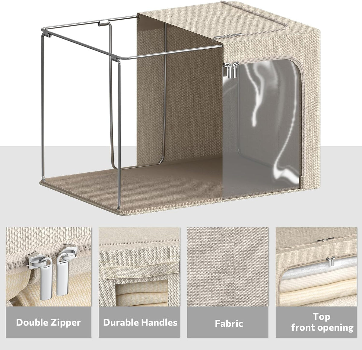 4 Pack Clothes Storage Bins with Metal Frame - Linen Fabric Foldable Stackable Container Organizer Set with Clear Window & Carry Handles & Zippers (Beige, 23.6"x16.5"x15.7")