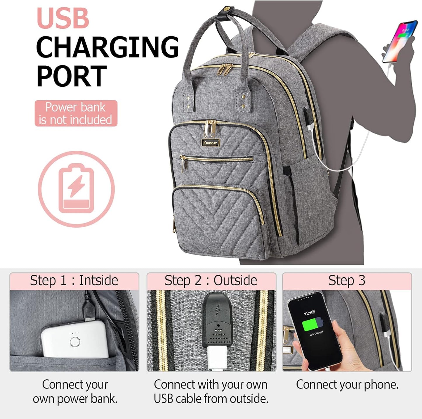 Travel Backpack for Women, 15.6 Inch Work Laptop Backpack, Water Resistant Backpack for Business with USB Charging Port, Anti-theft Student Teacher Bookbags, Large Daypacks for Women, Grey