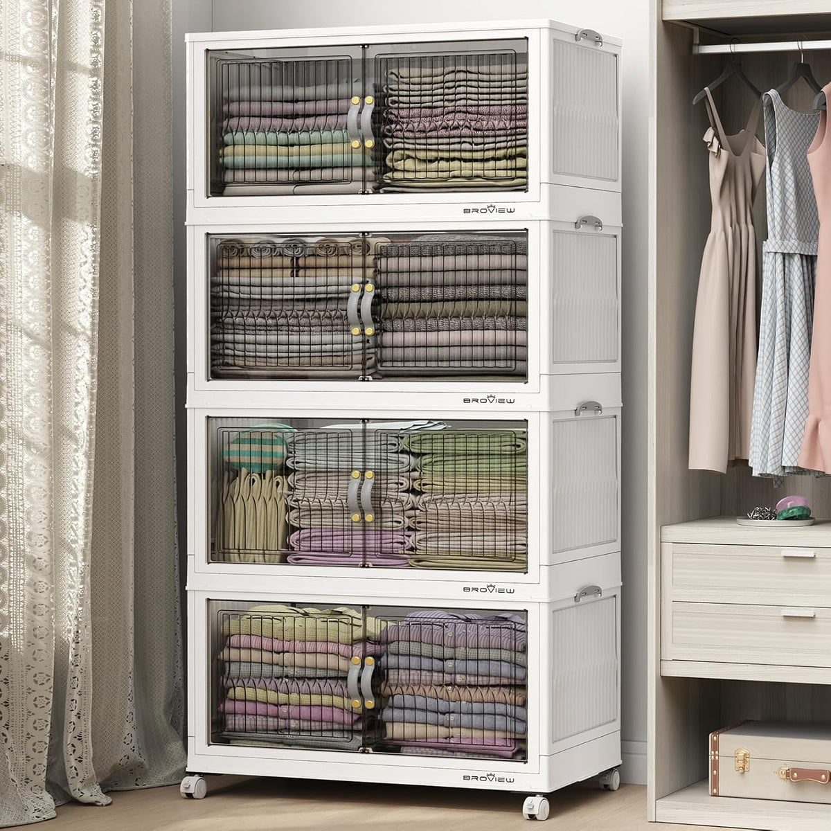 BROVIEW 480Qt Stackable Storage Bins with Lid, Extra Large Closet Organizer Collapsible Drawer Boxes with Wheels, Folding Plastic Cabinet Containers for Home Kitchen Room Organization, 4Pack White
