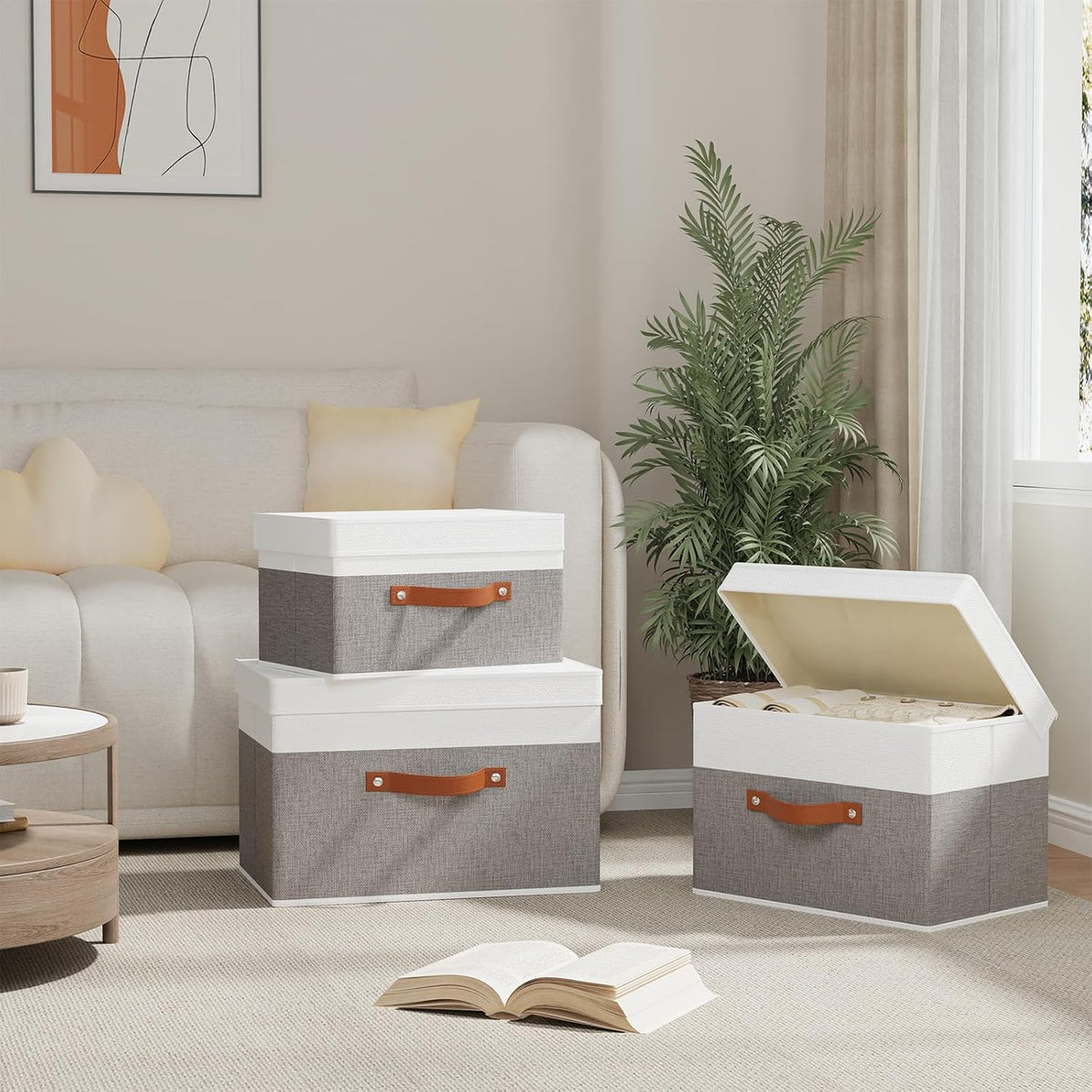 Fabric Storage Bins with Lids, 5 Pack Linen Foldable Cloth Baskets, 15 x 9.8 x 9.8 Inch Closet Organizer Containers with Double Handles, Sweater Boxes for Bedroom, White and Grey