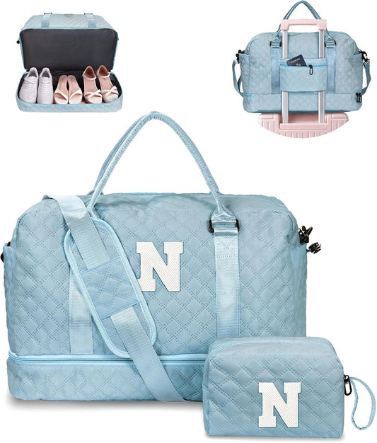Gifts for Sister-Travel Bag for Women Shoe Compartment, Personalized Weekender Bag, Monogram Overnight Bag, Letter Travel Bag with Makeup Bag，Sister Friend Girlfriend Gifts (Letter N)